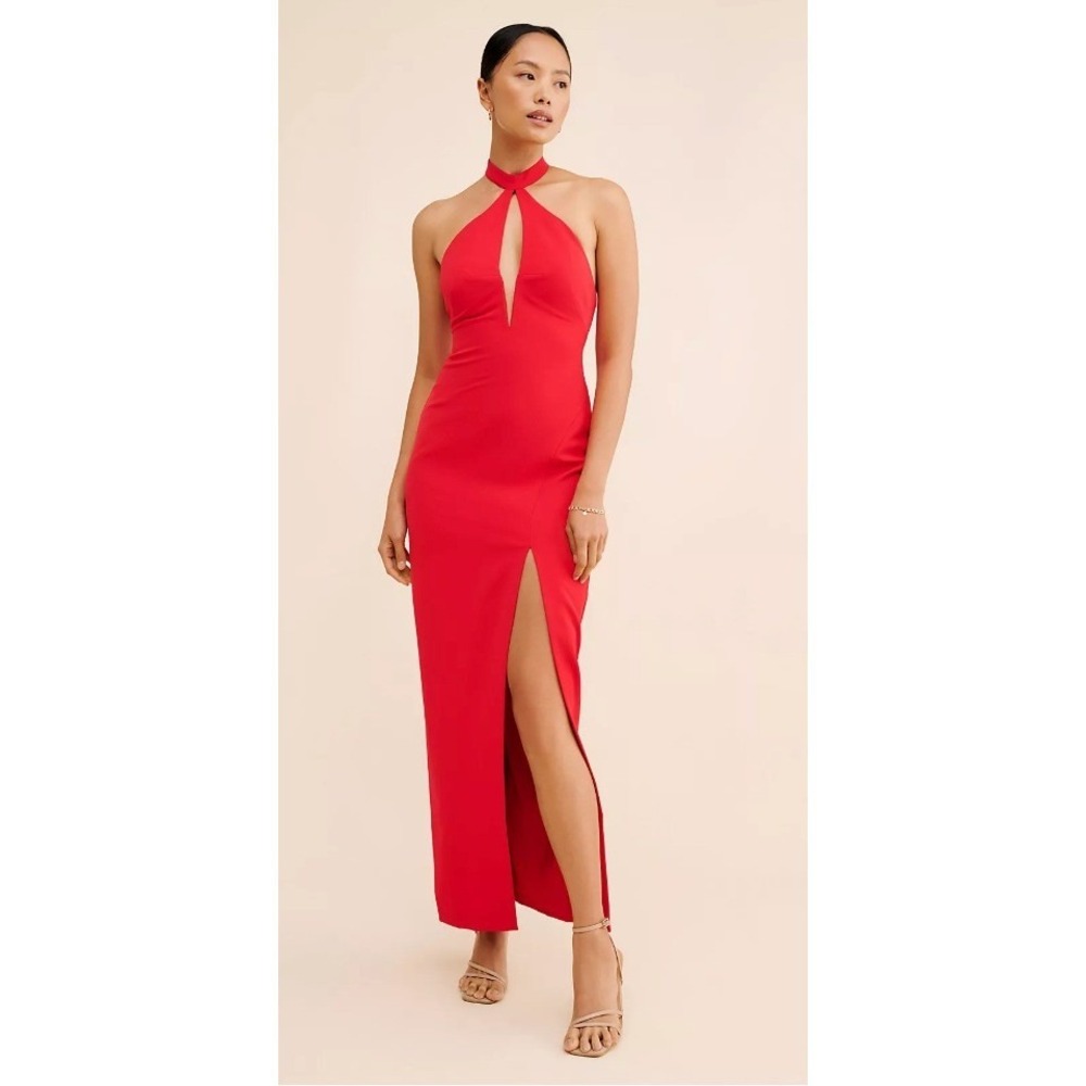 Liv Foster Red Halter Maxi Gown Keyhole Backless High Slit Formal Dress Size 14
